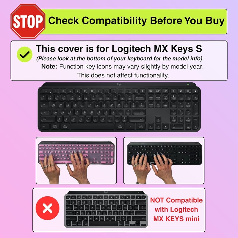 tippy type Raised Keyboard Cover for Long Nails – Fits Logitech MX Keys S Full-Size Keyboard - Silicone - The Original - Comfortable Typing, Quiet, Nail Protection (Cotton Candy Pink) - Image 2